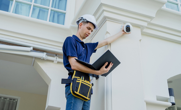 worker installing outdoor camera