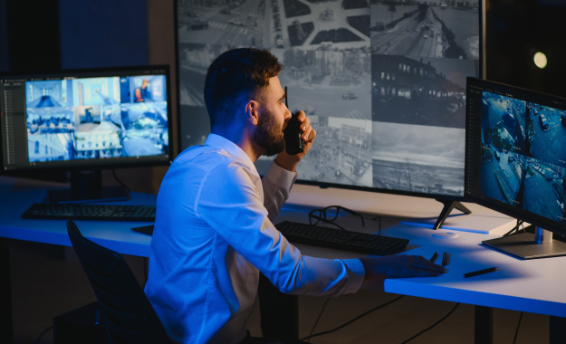 man on radio looking at computer screens